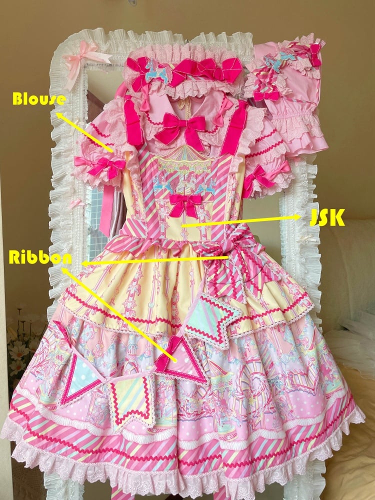 Sweet Yellow Carousel Embroidery Neckline Striped Pattern Jumper Skirt