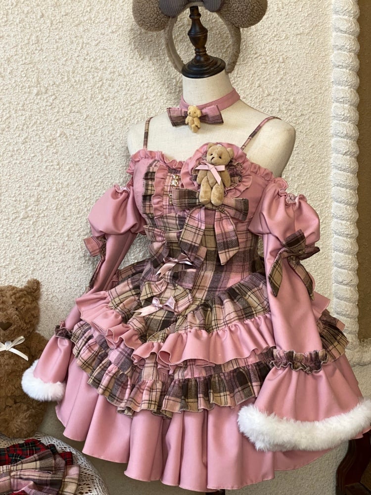 Sweet Bear Theme Pink and Brown Plaid Strapless Dress + Sleeves