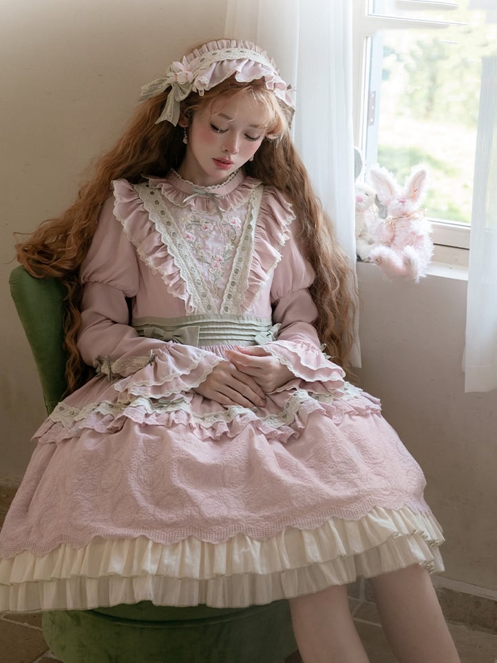 Pink Spring Orchid Embroidery One Piece Embroidered Trim Hemline - Sukuroi