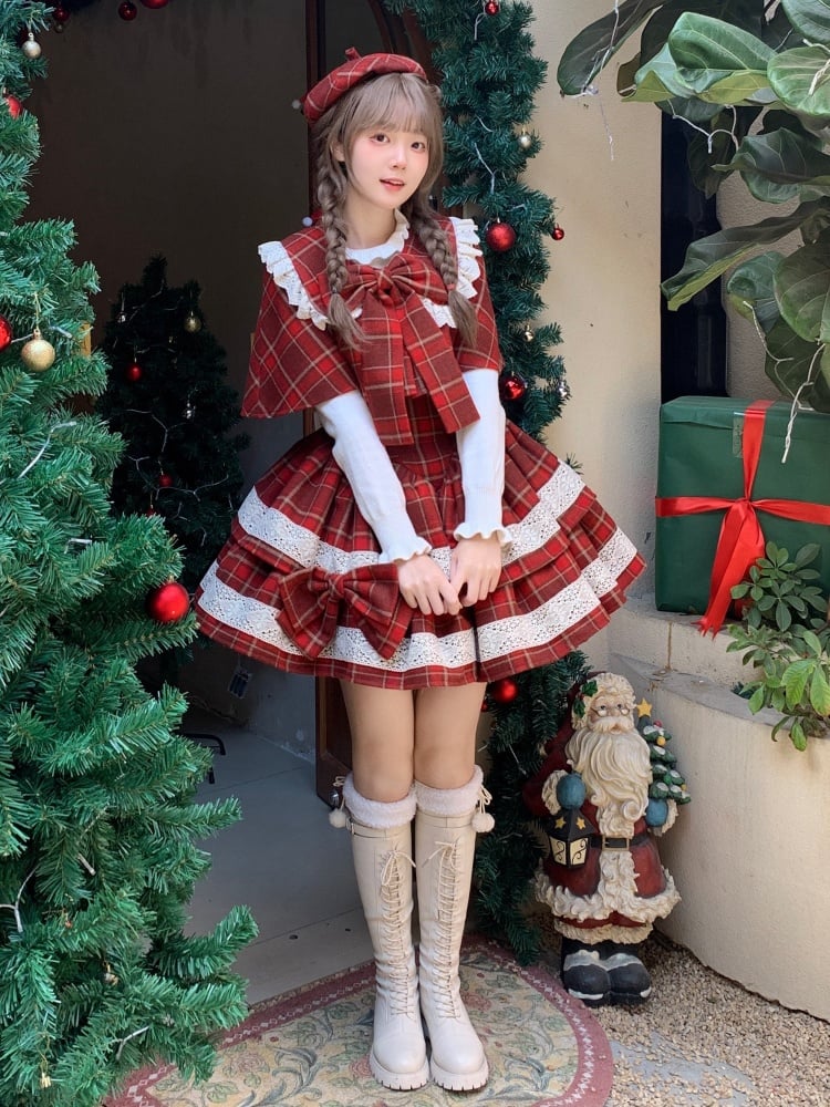 New Year Red Plaid Pattern Jumper Skirt + Cape + Beret - Sukuroi
