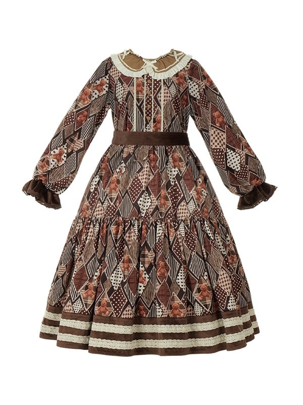 Teddy Diamond Pattern Print Brown Dress for Autumn and Winter