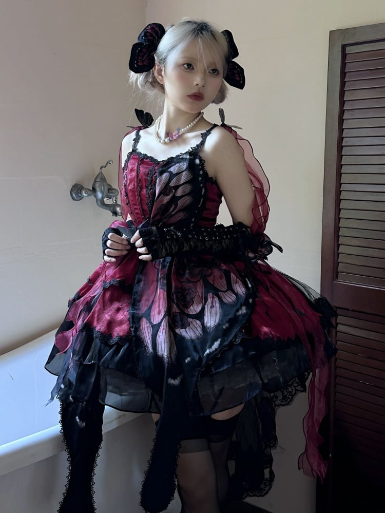 Wine Red Butterfly Jumper Skirt Gothic Princess Dress with Butterfly Train