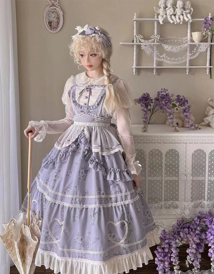 Purple Elegant Floral Dress Rosette Print Jumper Skirt - Sukuroi