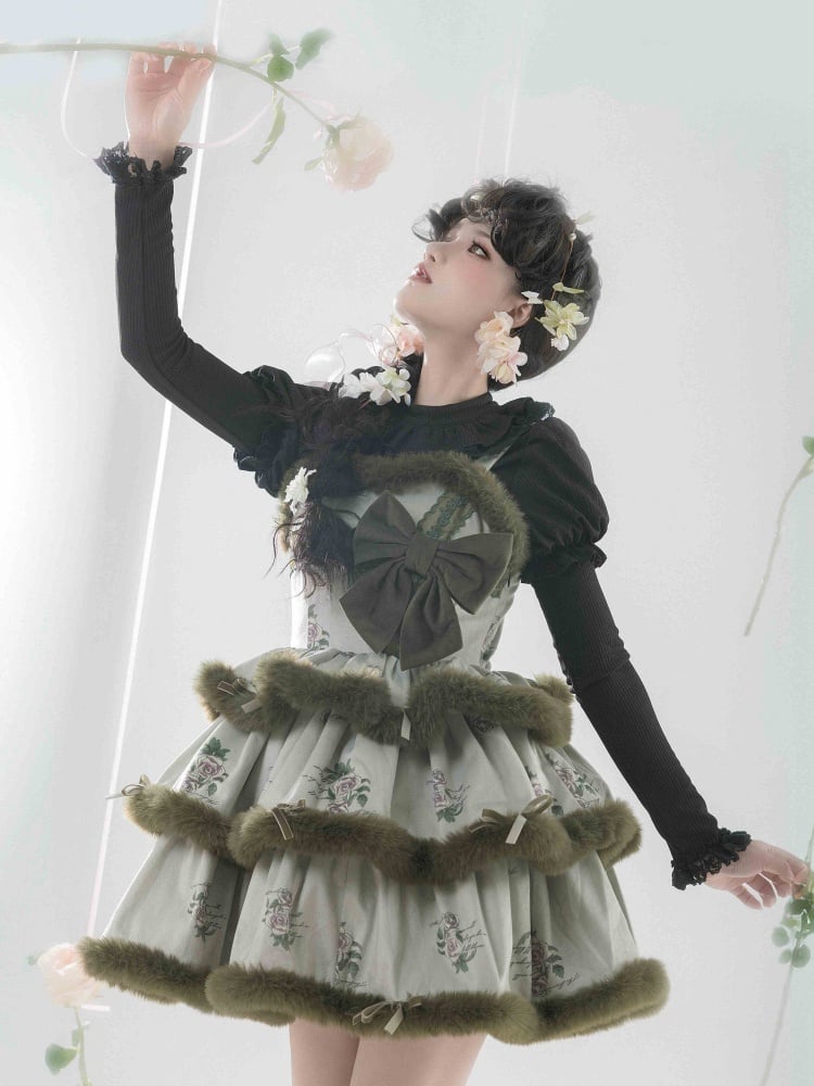 Rosette Print Green Plush Trim Tiered Jumper Skirt - Sukuroi