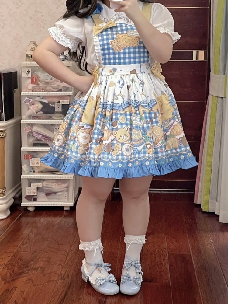 Yellow and Blue Gingham Pattern Sweet Dessert Print Overalls