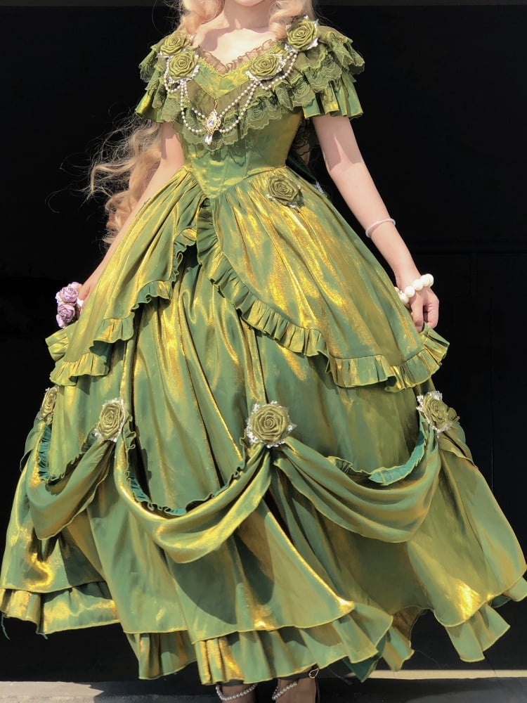 Oil Painting Green Classic Vintage Dress Roses and Bead Chain Princess One Piece - Sukuroi