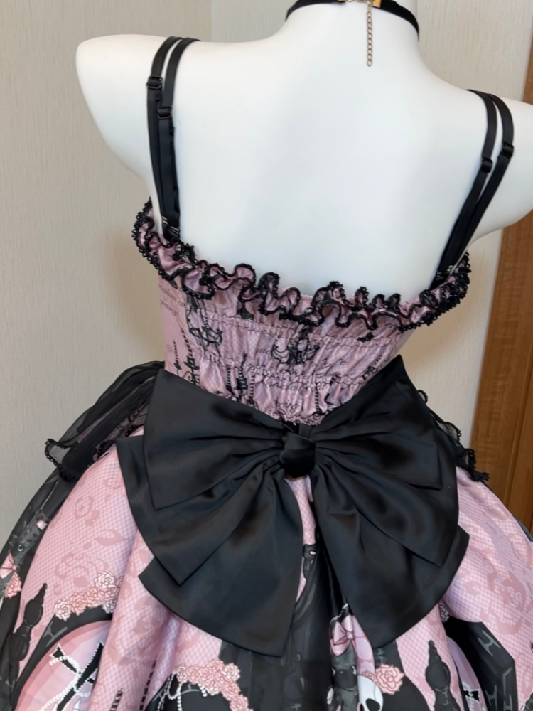Skull and Coffin Print Boned Basque Waist Jumper Skirt Pink and Black