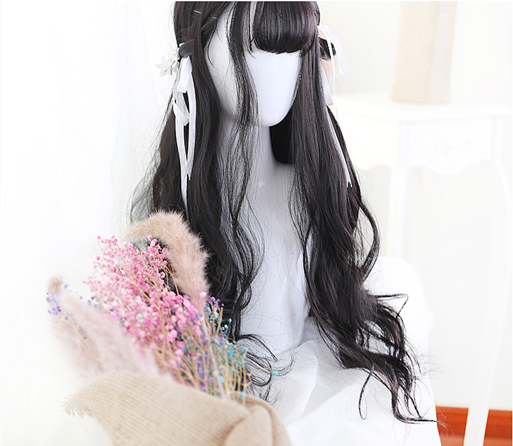 Sylvia Black Air Bangs Long Wavy Curly Synthetic Wig
