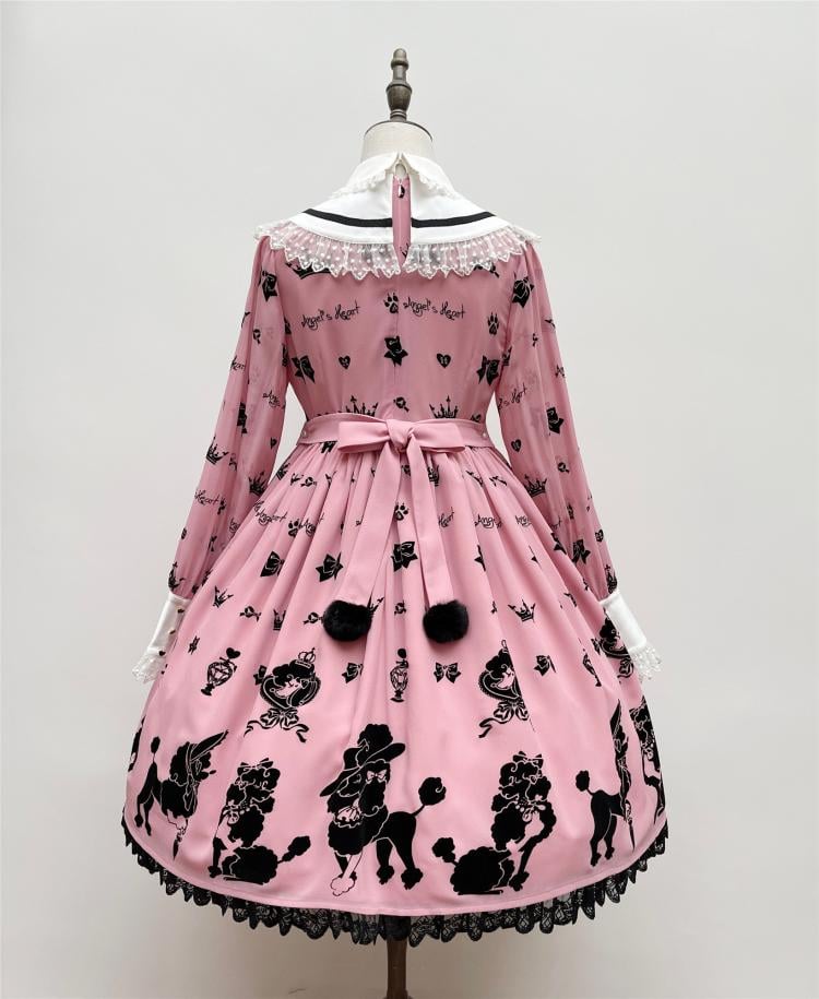 Pink Cute Poodle Print Bowknot Detail Lace Trim Long Sleeves One Piece