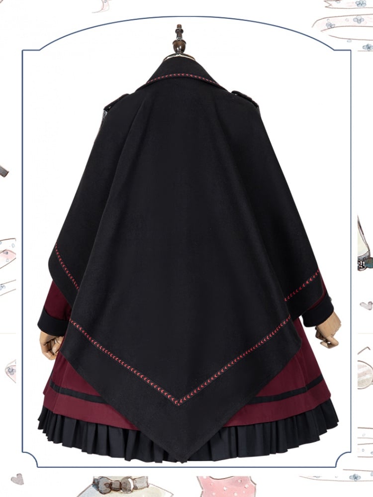 Military Style Outfits-Wine Red One Piece / Black Shirt / Black Cape