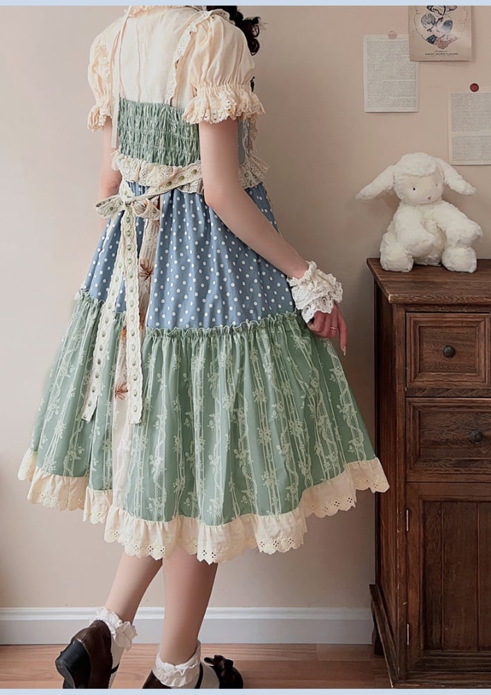 Squirrels Print Patchwork Jumper Skirt Cottagecore Country Dress/Lace Top