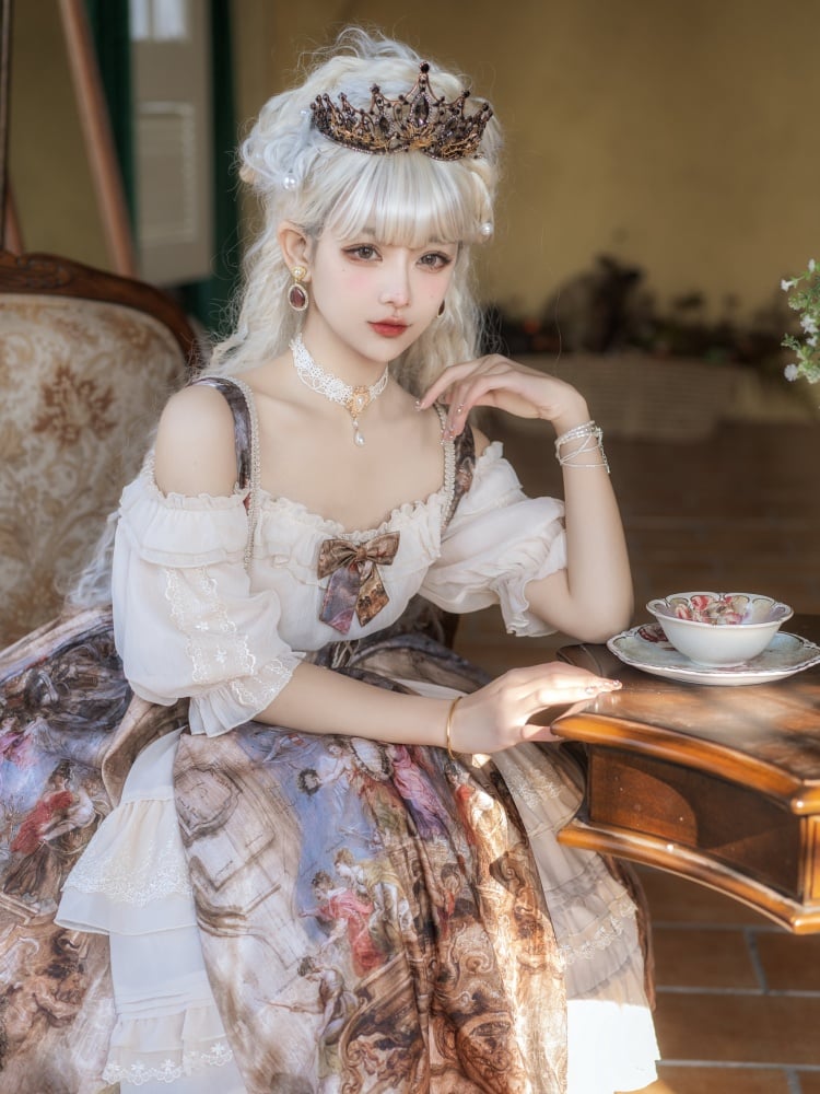 Gloria Oil Painting Print Hem Ruffle Hemline Underbust Elegant Jumper Skirt Full Set