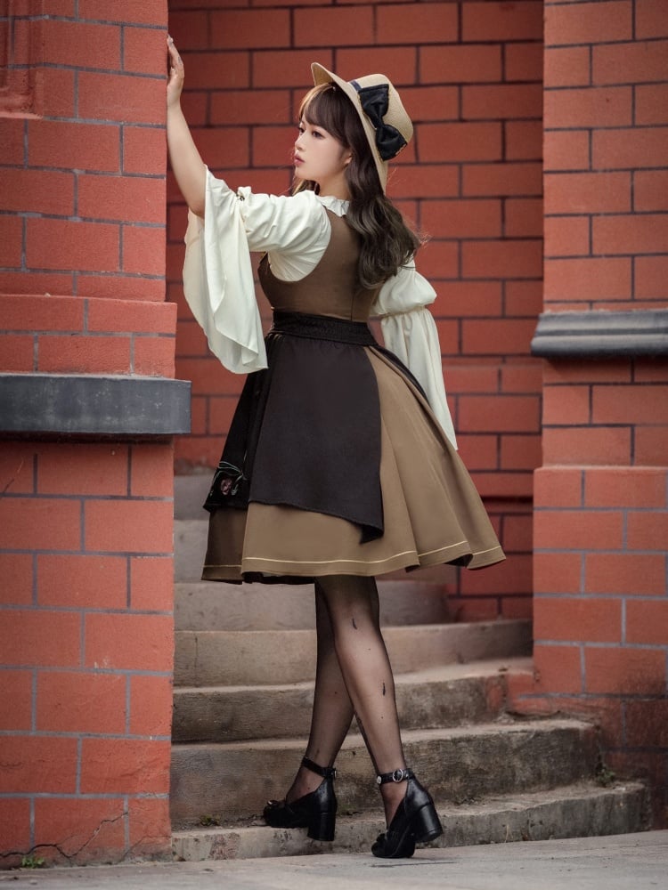 Rose Time Brown and Black Rosette Pattern Notched Collar Jumper Skirt