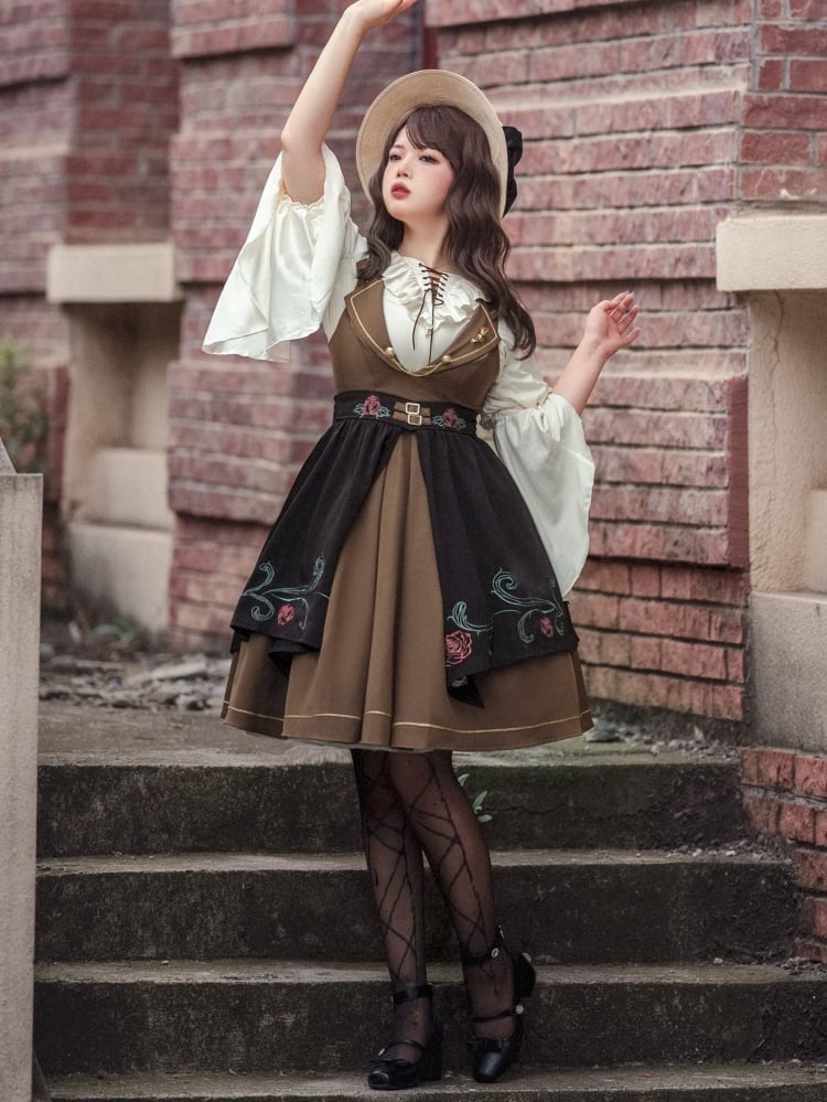 Rose Time Brown and Black Rosette Pattern Notched Collar Jumper Skirt