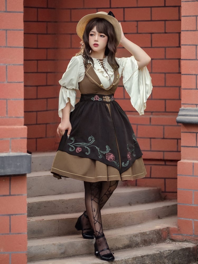Rose Time Brown and Black Rosette Pattern Notched Collar Jumper Skirt