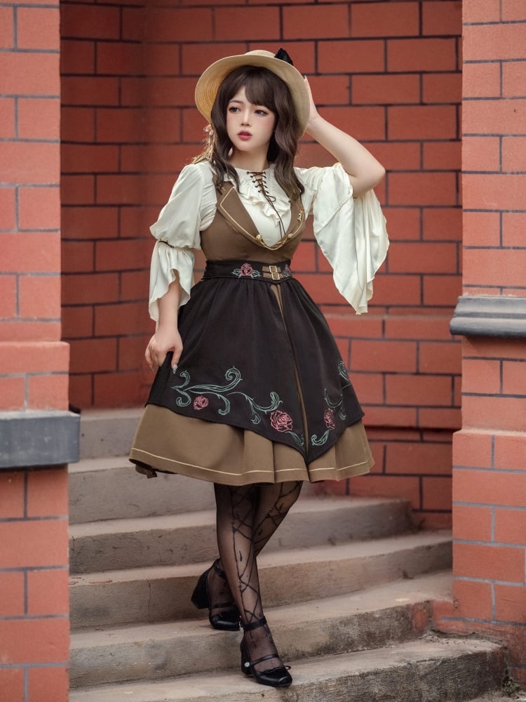 Rose Time Brown and Black Rosette Pattern Notched Collar Jumper Skirt