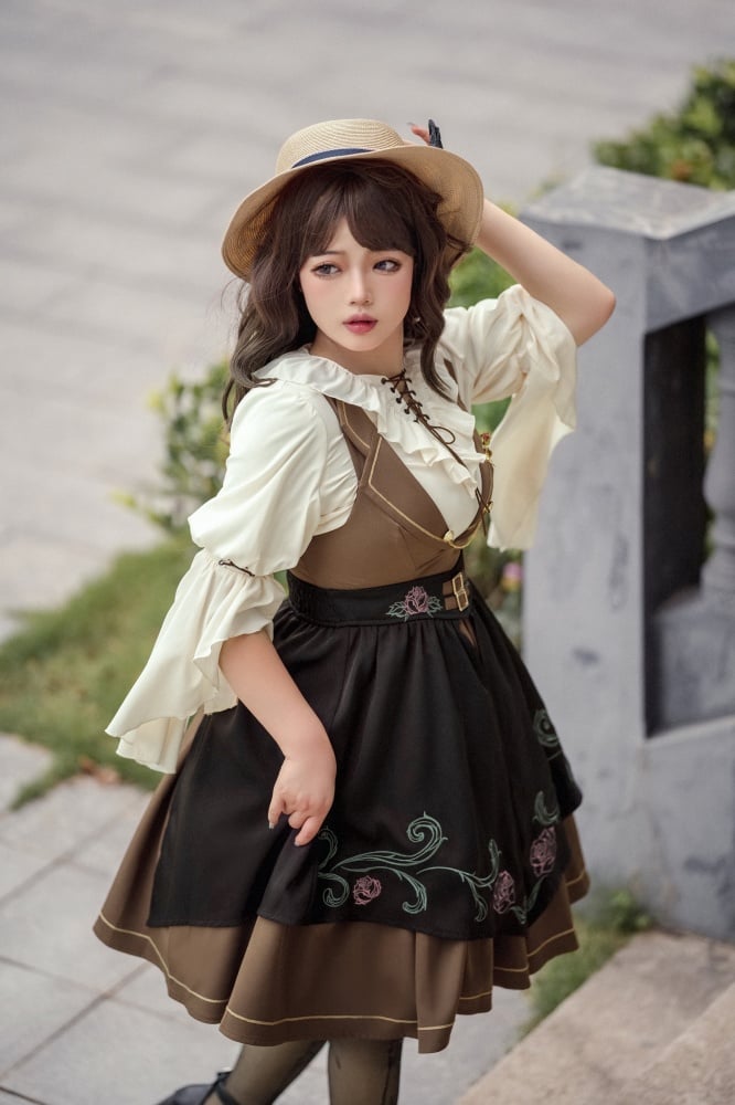 Rose Time Brown and Black Rosette Pattern Notched Collar Jumper Skirt