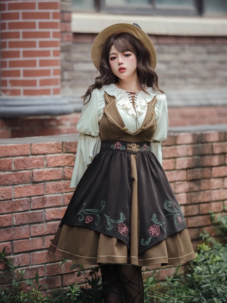 Rose Time Brown and Black Rosette Pattern Notched Collar Jumper Skirt