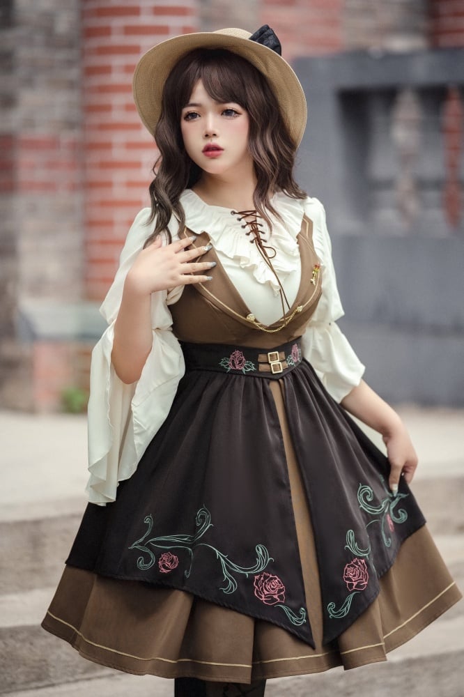 Rose Time Brown and Black Rosette Pattern Notched Collar Jumper Skirt