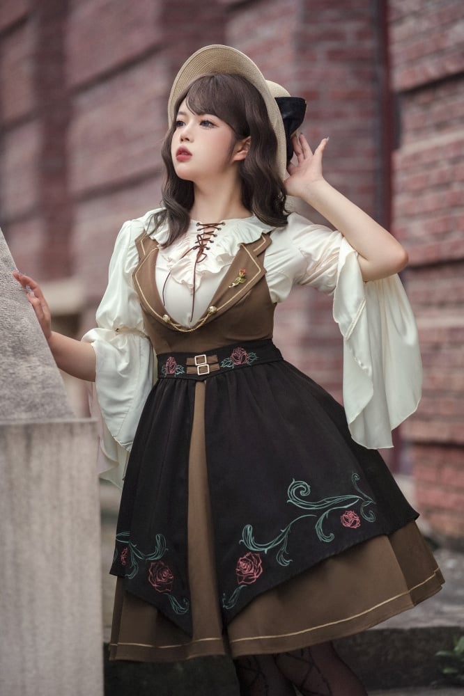 Rose Time Brown and Black Rosette Pattern Notched Collar Jumper Skirt