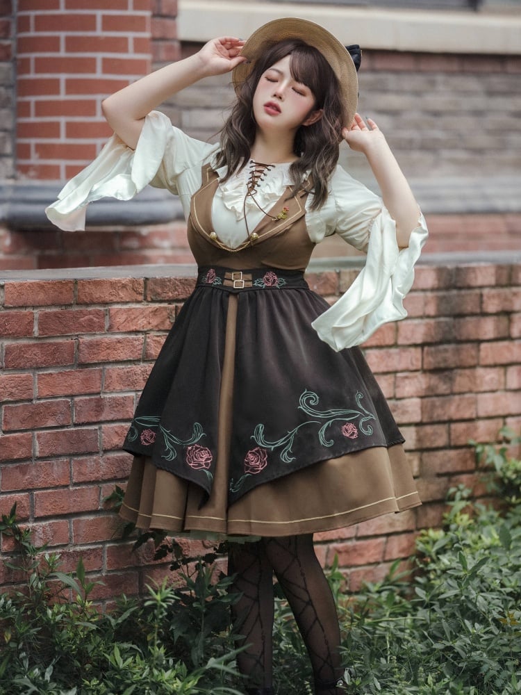 Rose Time Brown and Black Rosette Pattern Notched Collar Jumper Skirt