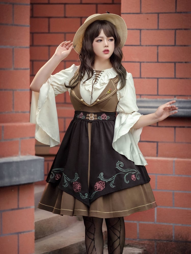 Rose Time Brown and Black Rosette Pattern Notched Collar Jumper Skirt