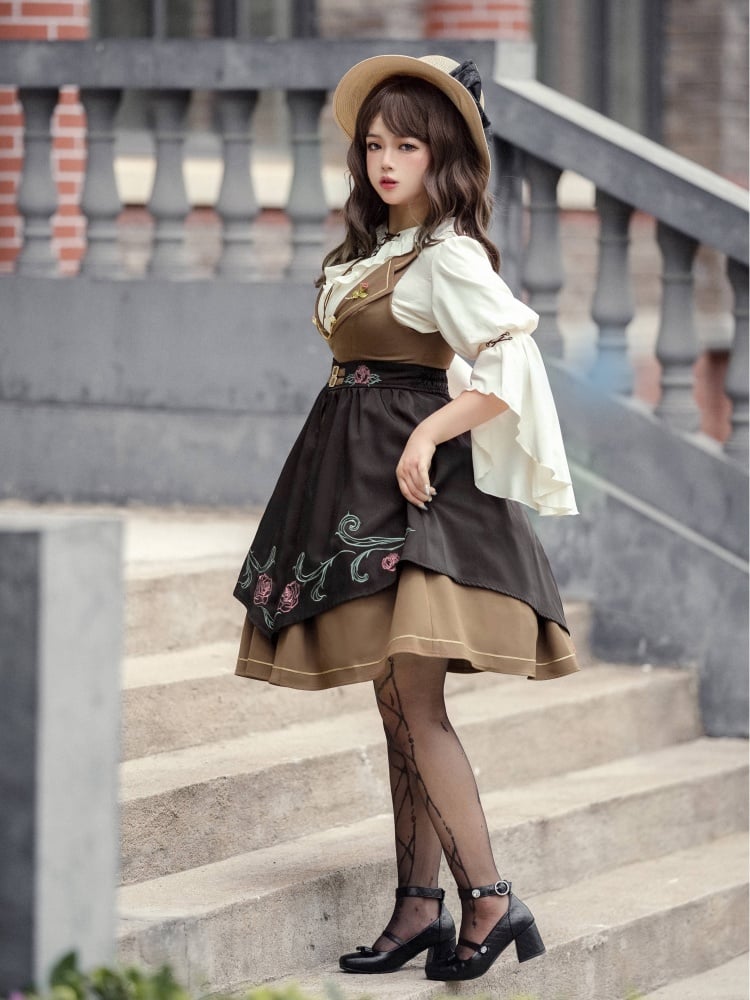 Rose Time Brown and Black Rosette Pattern Notched Collar Jumper Skirt