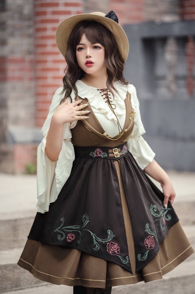 Rose Time Brown and Black Rosette Pattern Notched Collar Jumper Skirt