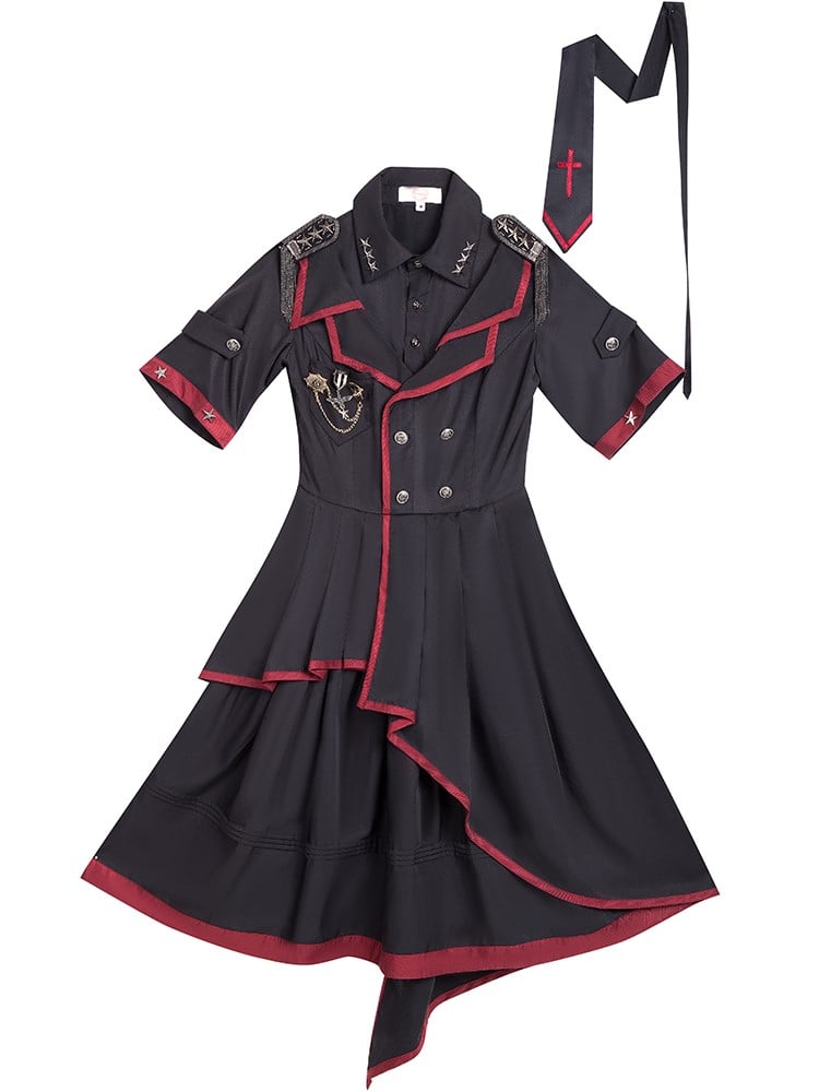 Elegant Gothic military dress with red edges