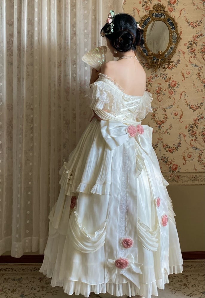 Ivory Princess Basque Waist Dress Roses and Bead Chain Lolita Wedding Dress - Sukuroi