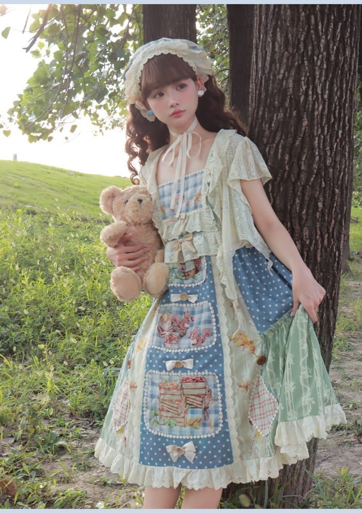 Squirrels Print Patchwork Jumper Skirt Cottagecore Country Dress/Lace Top