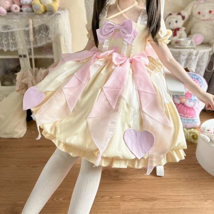 Yellow Square Neckline Heart Embroidery One Piece