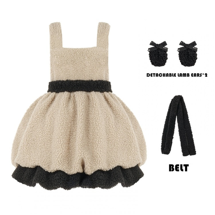 Winter Fleece Bubble Jumper Skirt Detachable Plush Lamb Ears