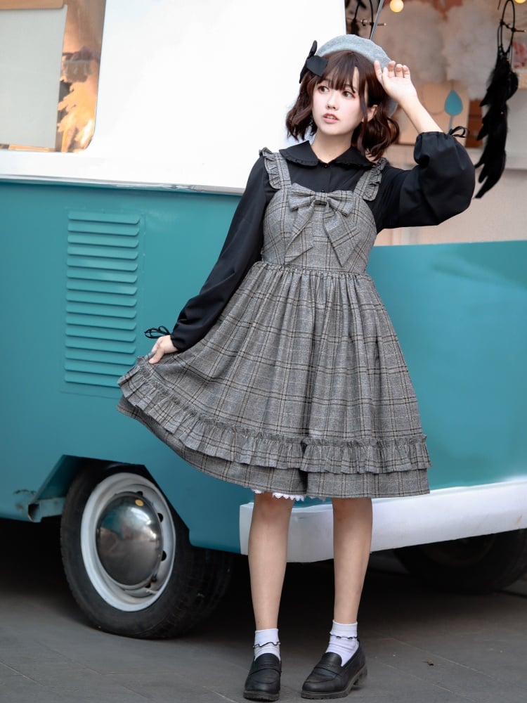 Thorn Story Square Neckline Plaid Vintage Jumper Skirt