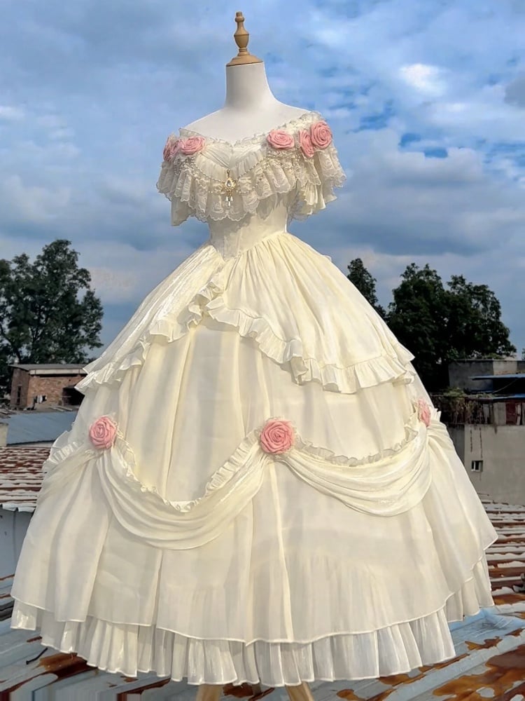 Ivory Princess Basque Waist Dress Roses and Bead Chain Lolita Wedding Dress - Sukuroi