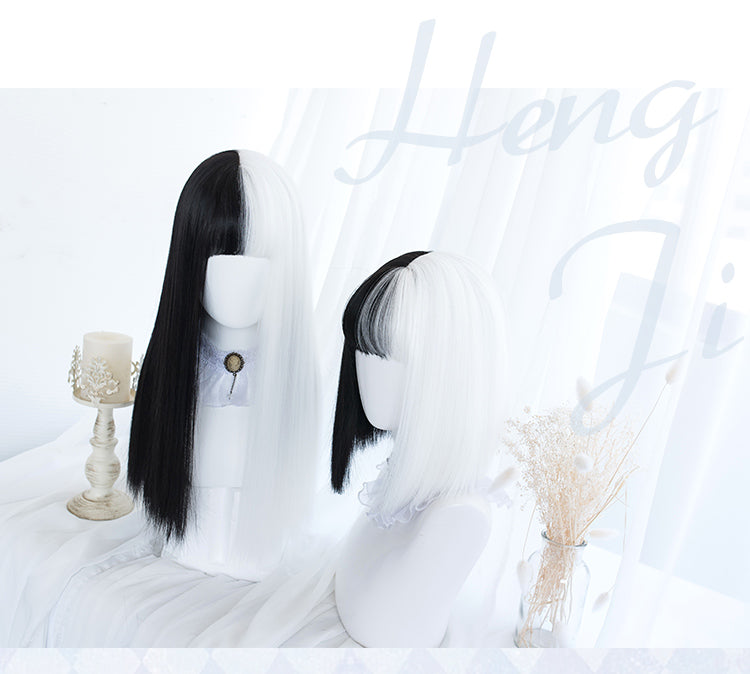 Split Maiden Black and White Long Straight / Short Straight Synthetic Wig