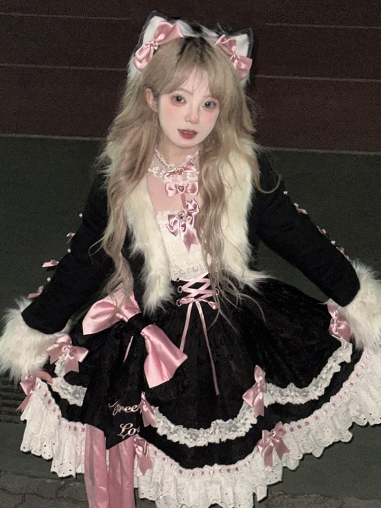 Plus Size Friendly Black Rosette Pattern Fabric Detachable Bowknots Jumper Skirt - Sukuroi