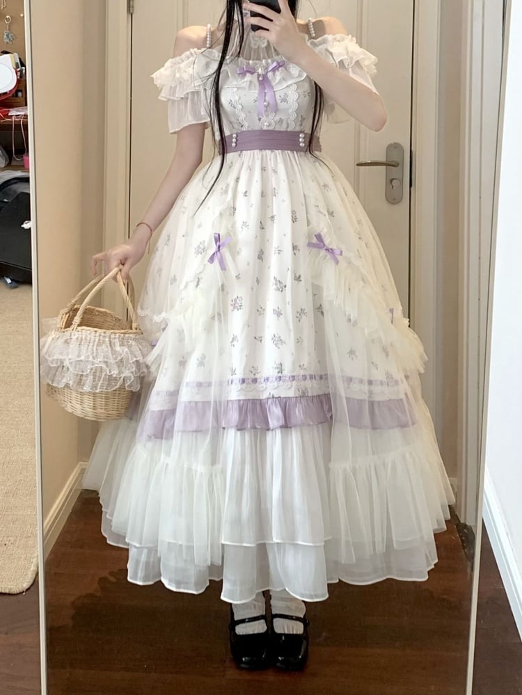 Illusion Neckline Elegant Floral Dress White and Purple High Waist Classic One Piece