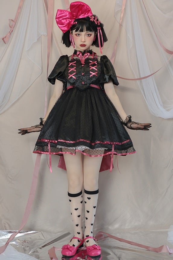 Jewel Heart Ruffle Neckline High Waist Lace-up Closure at Back Short Sleeves One Piece