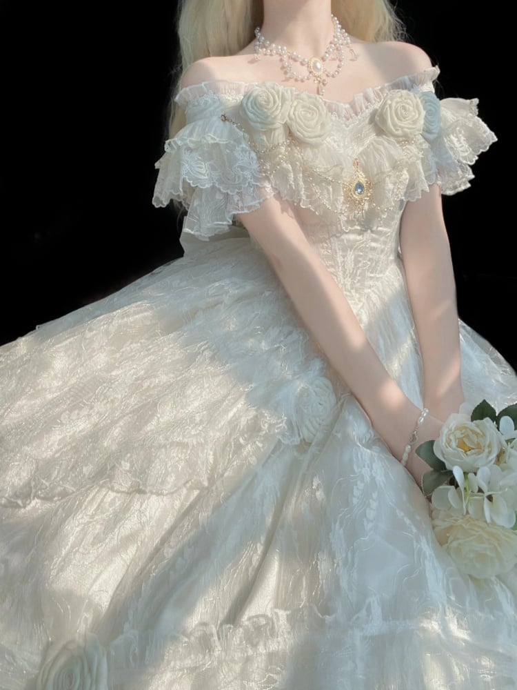 White Princess Lace Dress Floral and Bead Chain Details One Piece - Sukuroi