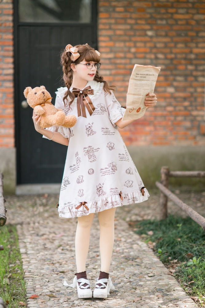 Detective Meow Ruffled Collar Short Sleeves Sweet One Piece