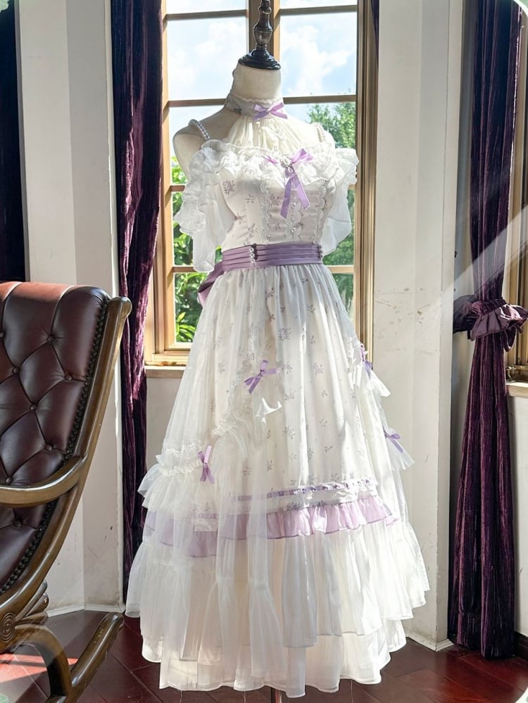 Illusion Neckline Elegant Floral Dress White and Purple High Waist Classic One Piece