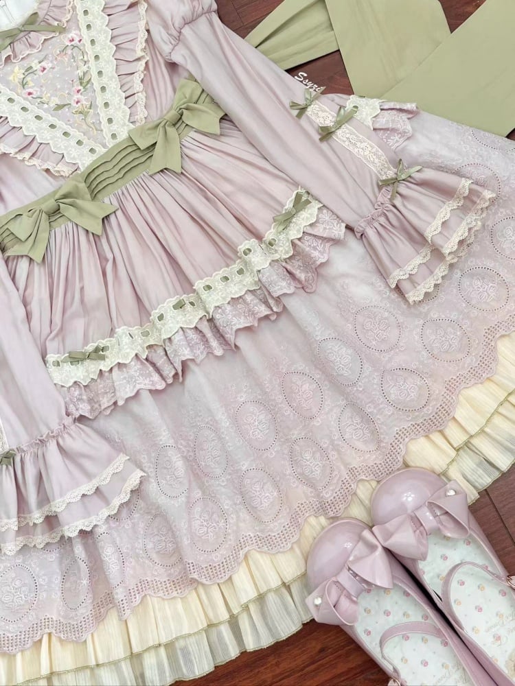 Pink Spring Orchid Embroidery One Piece Embroidered Trim Hemline - Sukuroi