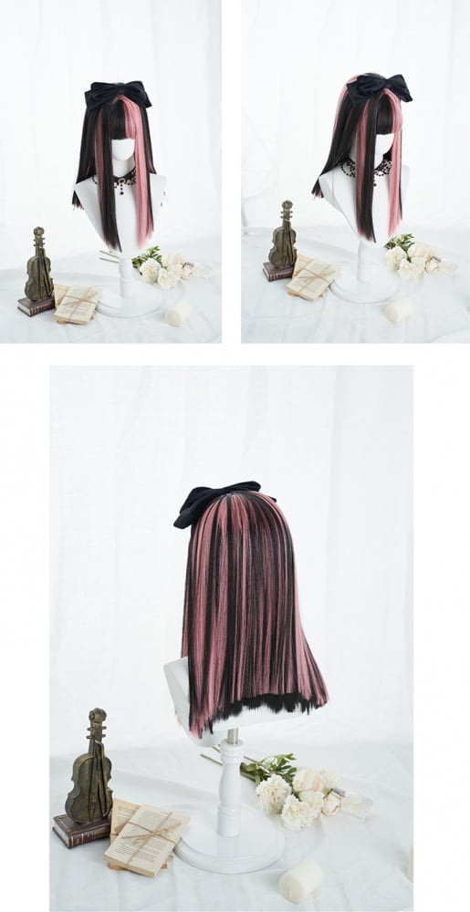 Pink Highlights Black Straight Medium Synthetic Wig