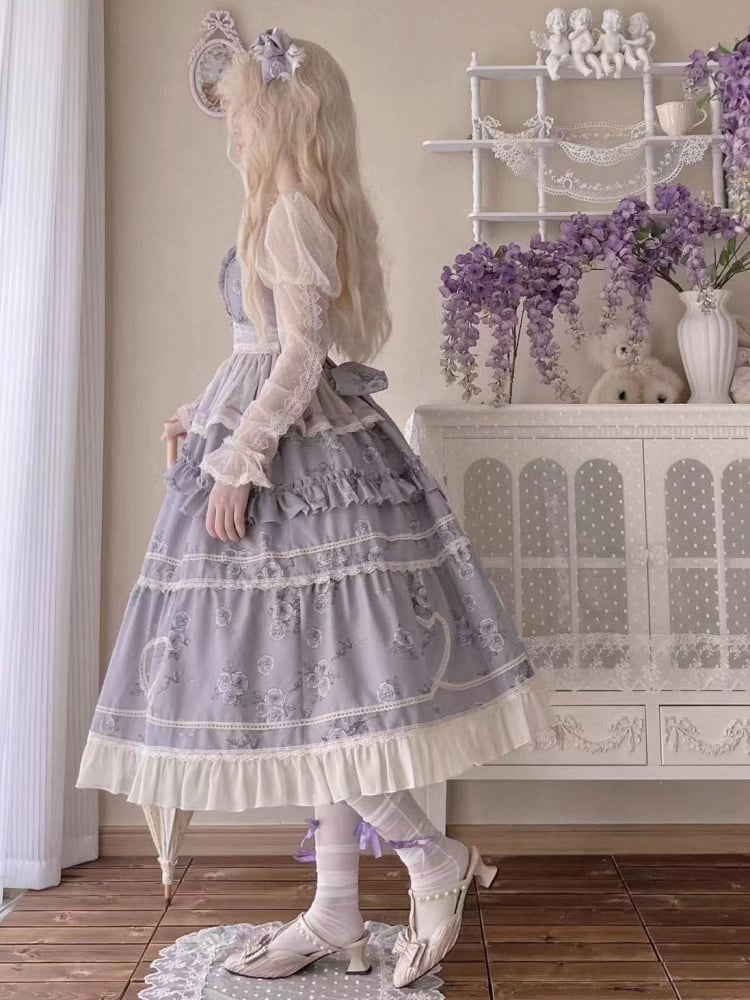 Purple Elegant Floral Dress Rosette Print Jumper Skirt - Sukuroi