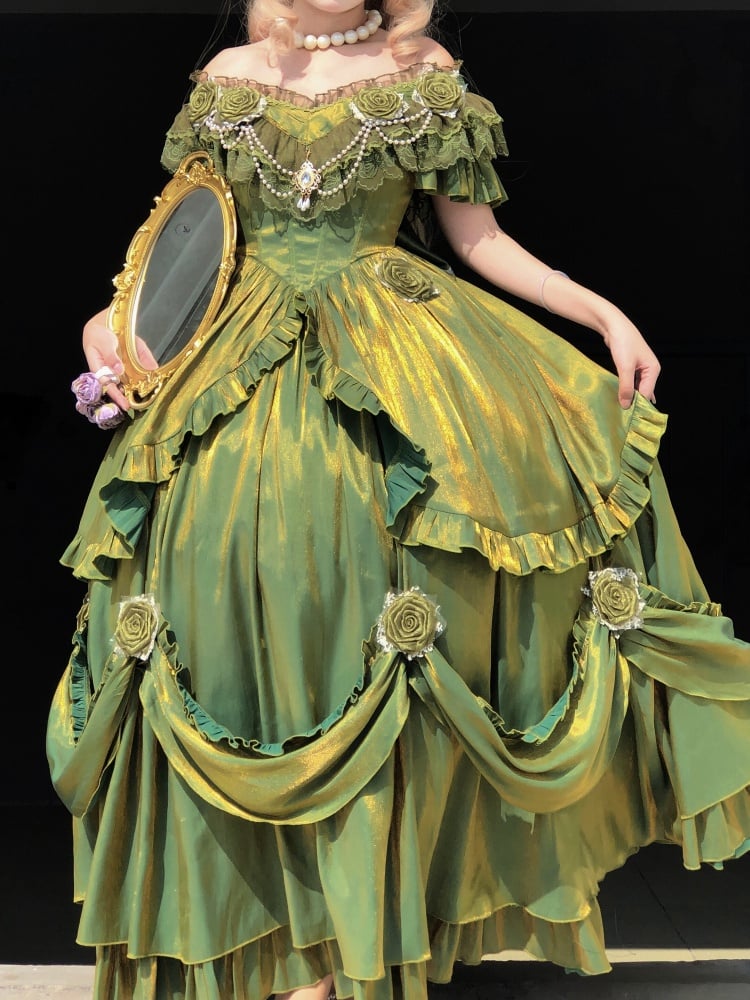 Oil Painting Green Classic Vintage Dress Roses and Bead Chain Princess One Piece - Sukuroi