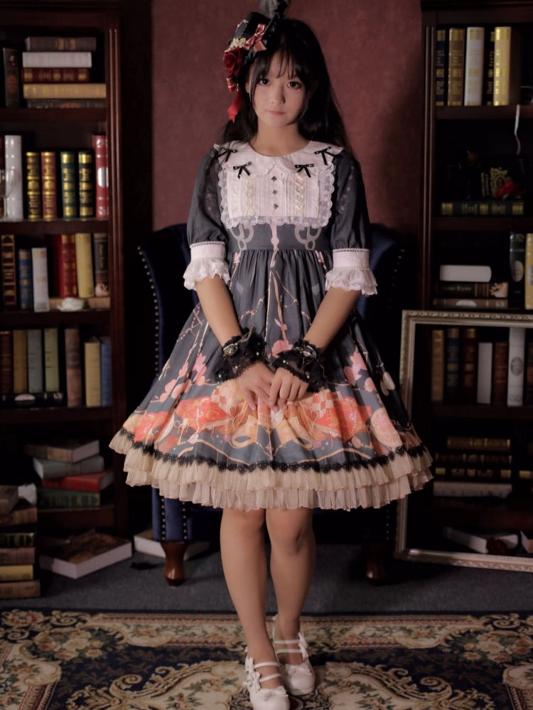 Plus Size Friendly Clocks Print Dress Black Peter Pan Collar One Piece