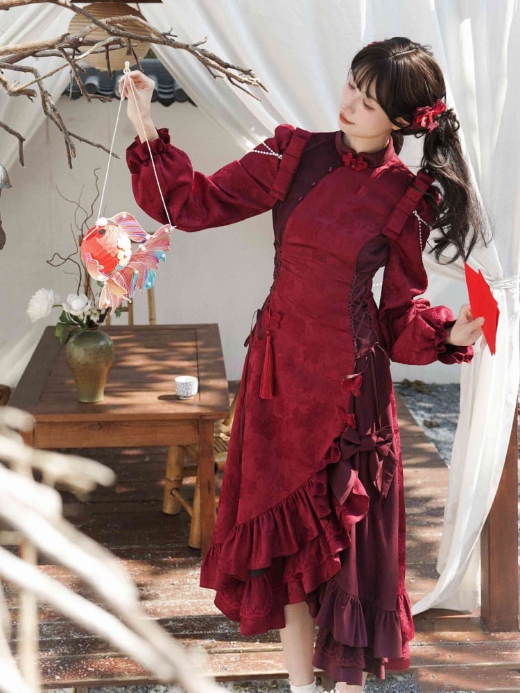 Red Layered Flounce Hemline New Year Winter Qipao - Sukuroi