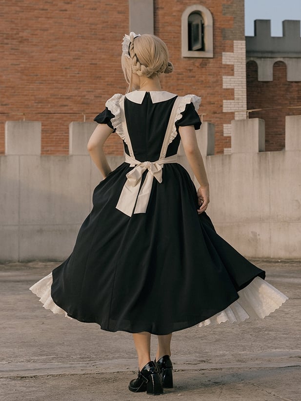 Clearance-Size XL for Bust 100cm Black and White Maid Dress Apron Design One Piece
