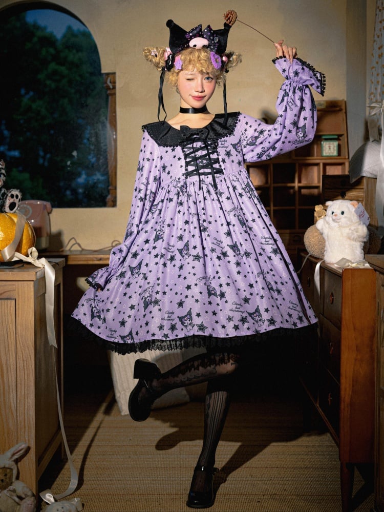 Kuromi and Stars Print Sweet Dress Black and Purple Peter Pan Collar One Piece